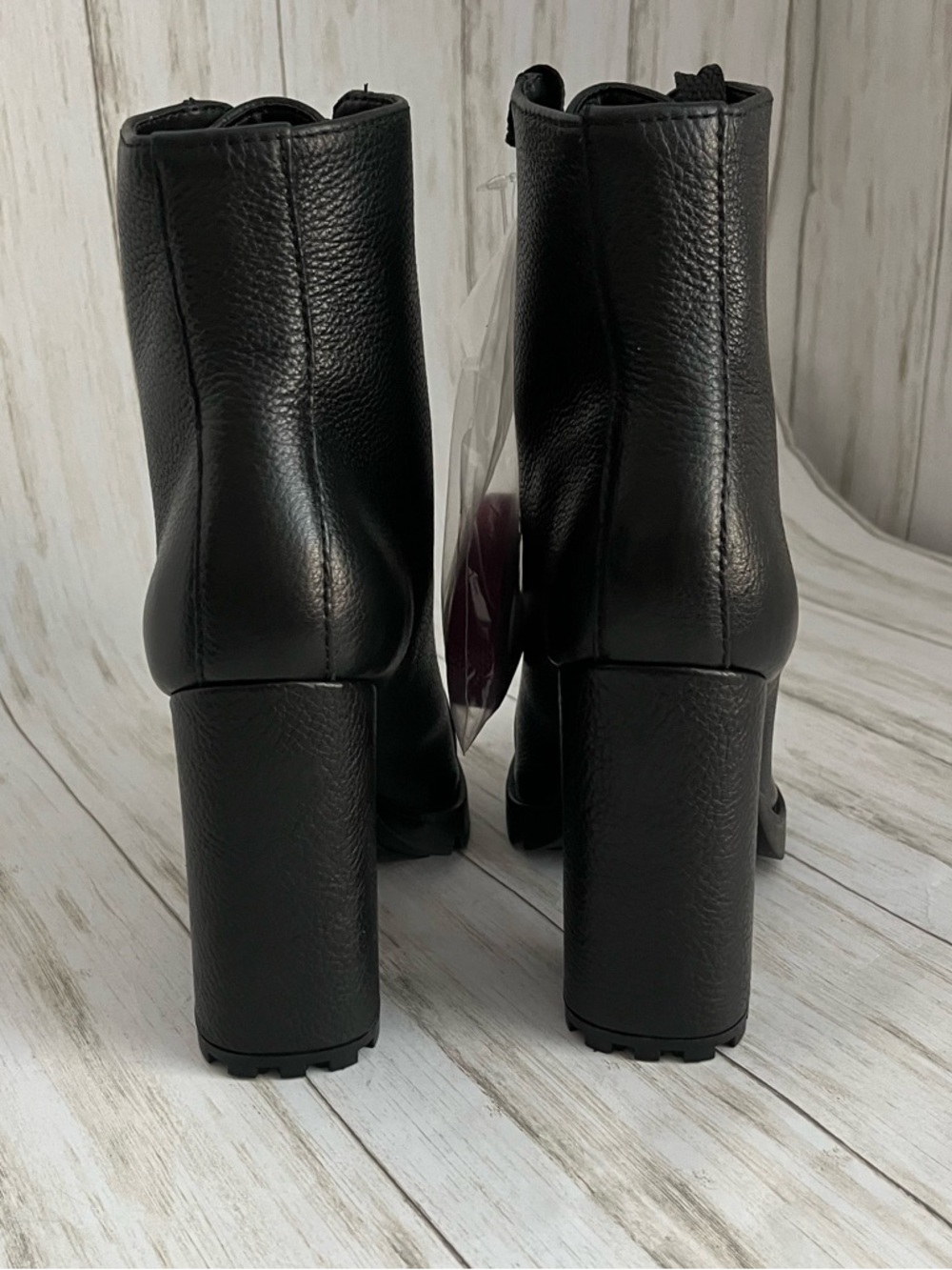 Schutz Zhara Black Leather Lace-Up Block Heel Lug Sole Boots - Picture 6 of 11
